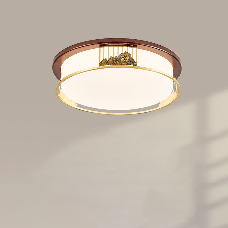 Cadre en laiton chinois traditionnel en bois de noyer géométrique cuboïde LED Plafonnier encastré pour salon 