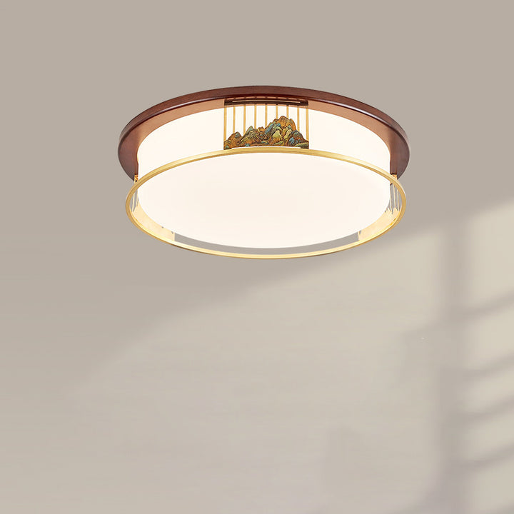 Cadre en laiton chinois traditionnel en bois de noyer géométrique cuboïde LED Plafonnier encastré pour salon 