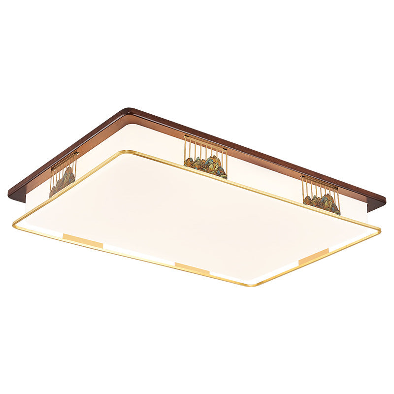 Cadre en laiton chinois traditionnel en bois de noyer géométrique cuboïde LED Plafonnier encastré pour salon 