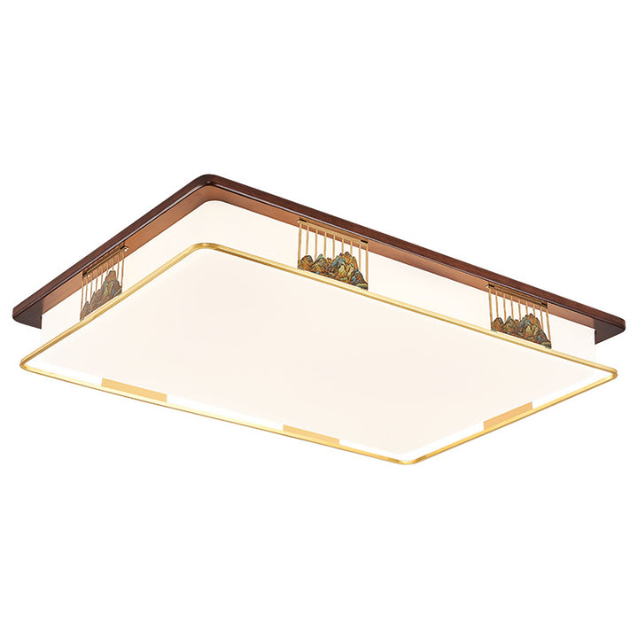 Cadre en laiton chinois traditionnel en bois de noyer géométrique cuboïde LED Plafonnier encastré pour salon 