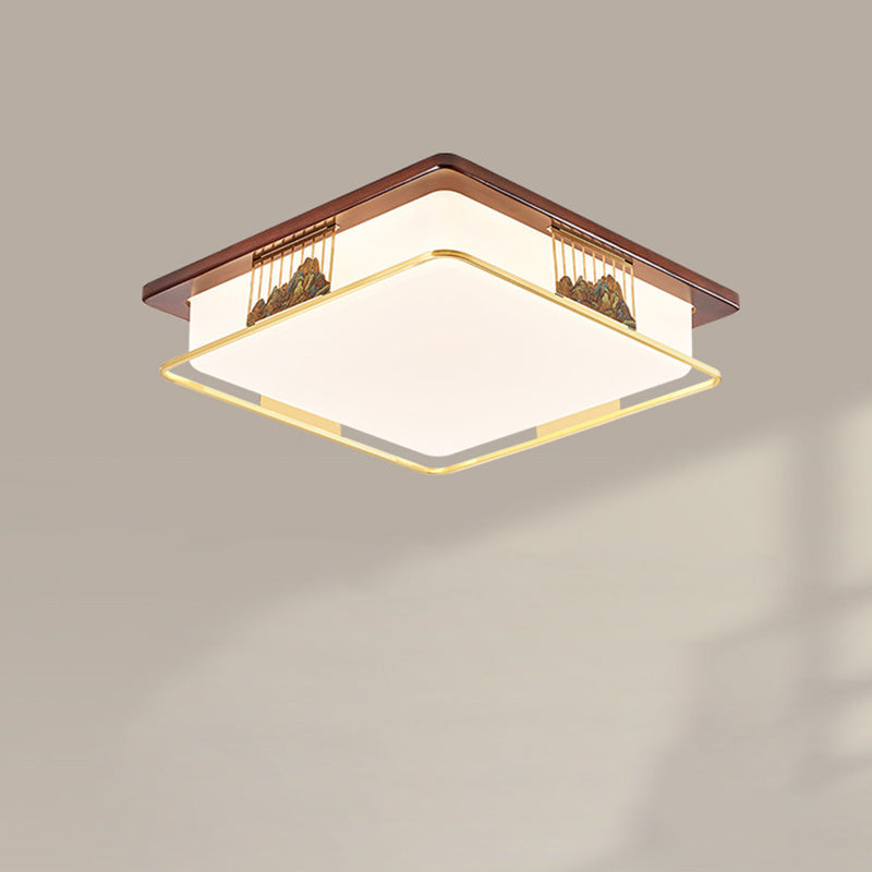Cadre en laiton chinois traditionnel en bois de noyer géométrique cuboïde LED Plafonnier encastré pour salon 