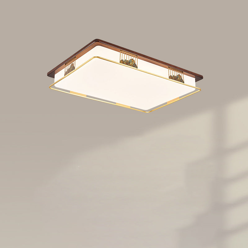 Cadre en laiton chinois traditionnel en bois de noyer géométrique cuboïde LED Plafonnier encastré pour salon 