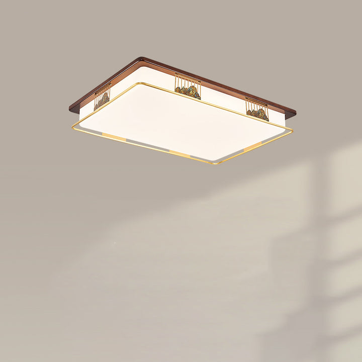 Cadre en laiton chinois traditionnel en bois de noyer géométrique cuboïde LED Plafonnier encastré pour salon 