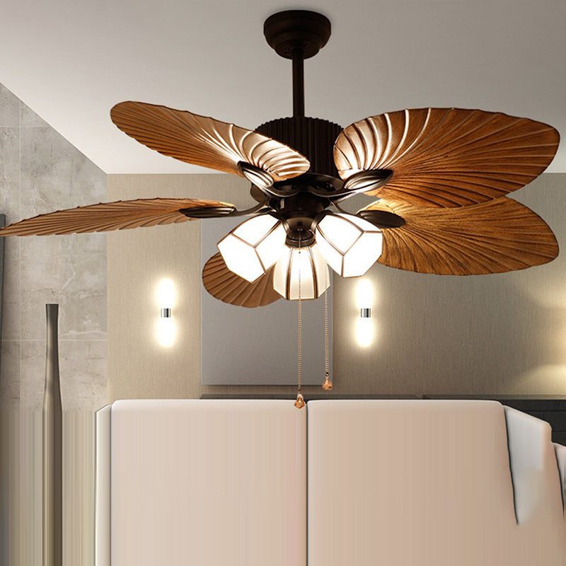 Traditionelle Retro-Deckenventilatorleuchte mit Blätterstruktur, ABS-Ventilatorglas, sechseckiger Schirm, 3-flammige Downrods für Wohnzimmer 