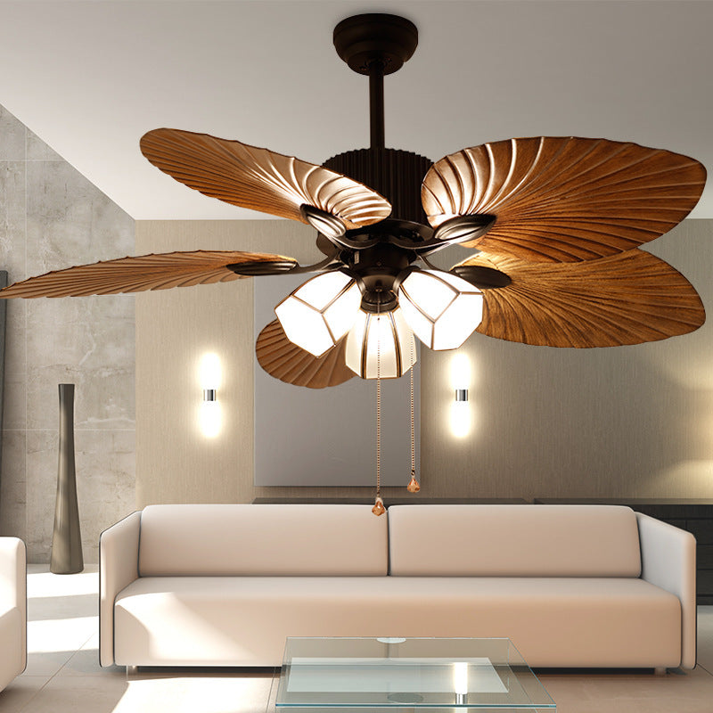 Traditionelle Retro-Deckenventilatorleuchte mit Blätterstruktur, ABS-Ventilatorglas, sechseckiger Schirm, 3-flammige Downrods für Wohnzimmer 