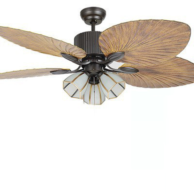 Traditionelle Retro-Deckenventilatorleuchte mit Blätterstruktur, ABS-Ventilatorglas, sechseckiger Schirm, 3-flammige Downrods für Wohnzimmer 