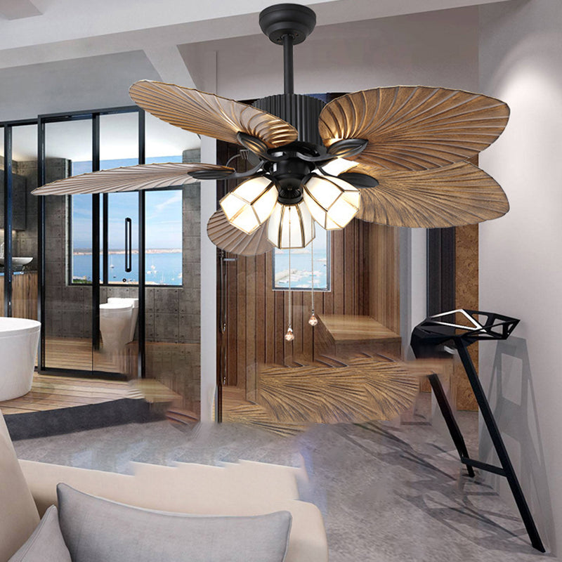 Traditionelle Retro-Deckenventilatorleuchte mit Blätterstruktur, ABS-Ventilatorglas, sechseckiger Schirm, 3-flammige Downrods für Wohnzimmer 