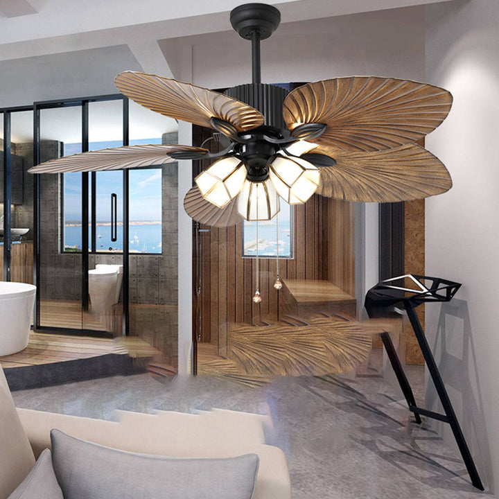 Traditionelle Retro-Deckenventilatorleuchte mit Blätterstruktur, ABS-Ventilatorglas, sechseckiger Schirm, 3-flammige Downrods für Wohnzimmer 