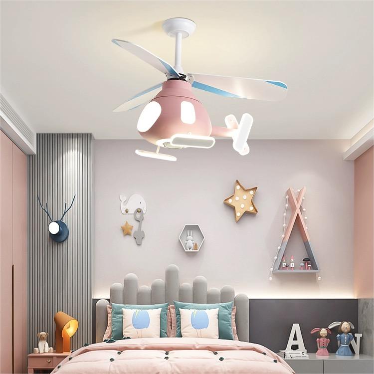 Ventilador de techo con luz LED de hierro acrílico contemporáneo creativo para niños con hélice de dibujos animados para dormitorio 