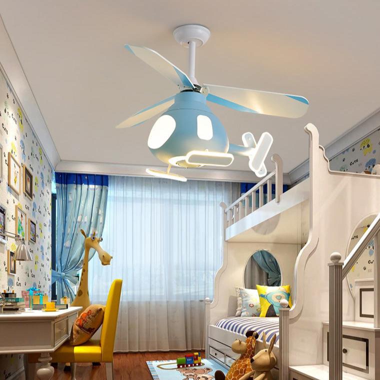 Ventilador de techo con luz LED de hierro acrílico contemporáneo creativo para niños con hélice de dibujos animados para dormitorio 