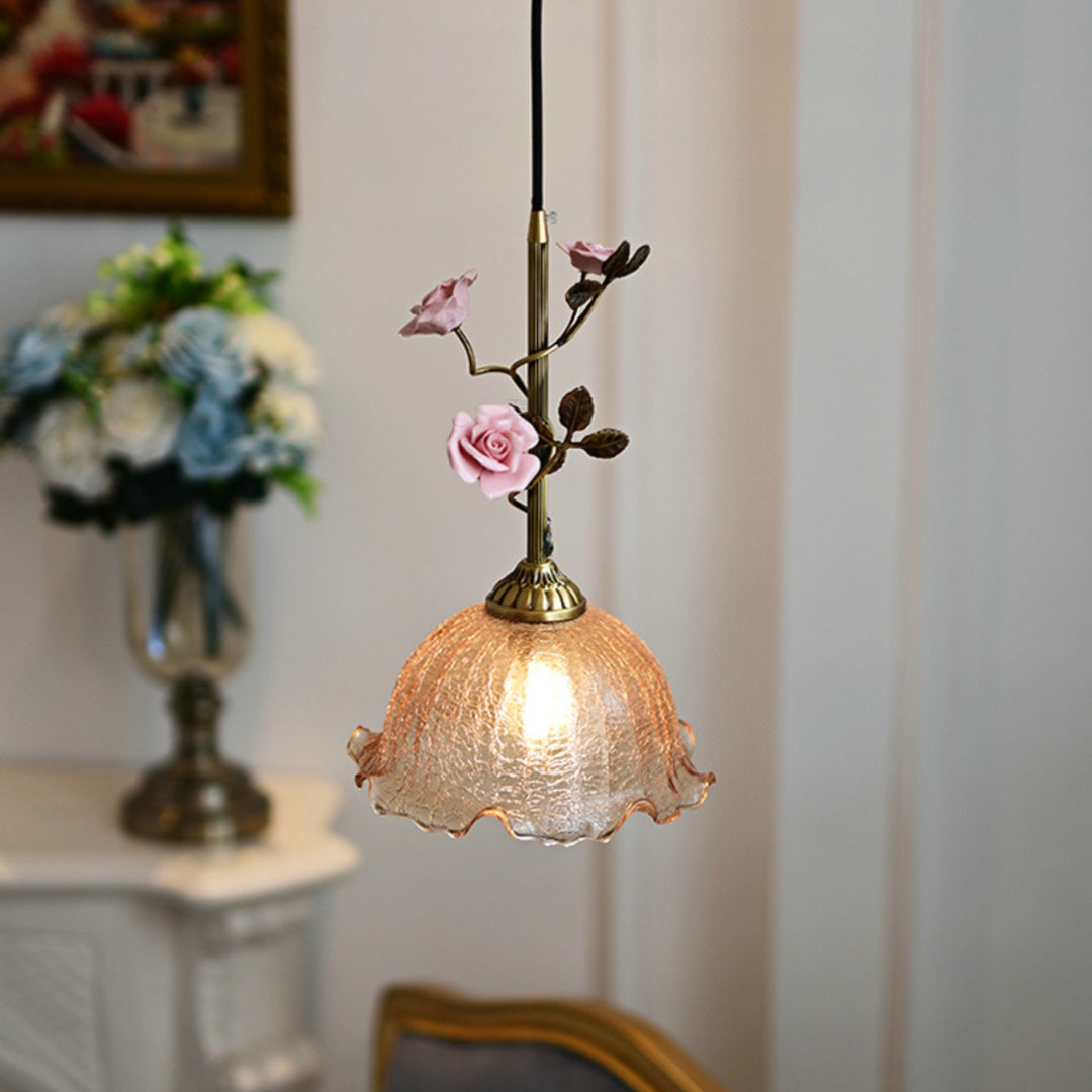 リビングルーム用の伝統的なフランスの陶器のバラの花のフロストガラスシェード1灯ペンダントライト 