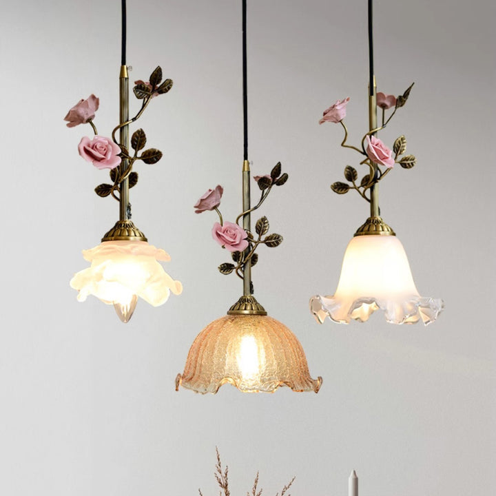 Abat-jour en verre dépoli avec motif de rose en céramique française traditionnelle, suspension à 1 lumière pour salon 