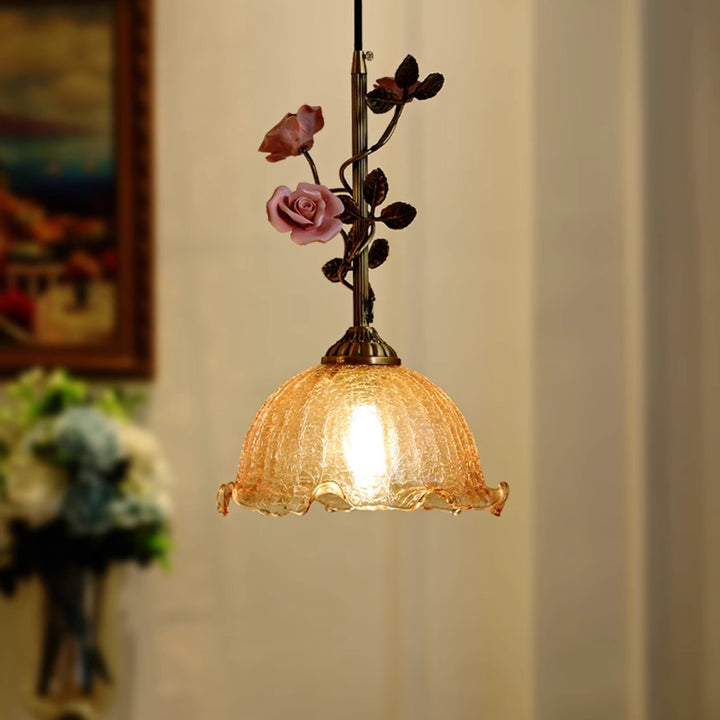 Abat-jour en verre dépoli avec motif de rose en céramique française traditionnelle, suspension à 1 lumière pour salon 