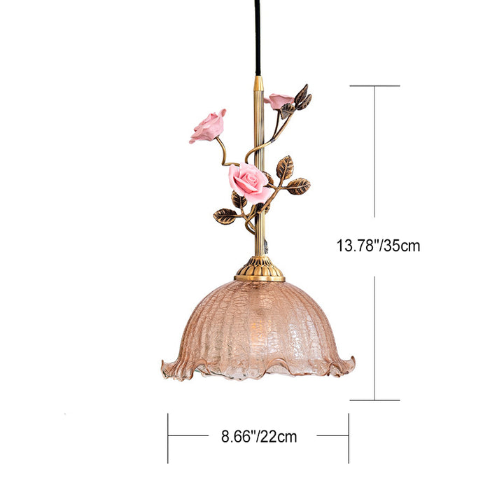 Abat-jour en verre dépoli avec motif de rose en céramique française traditionnelle, suspension à 1 lumière pour salon 