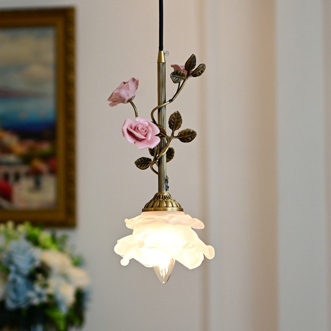 リビングルーム用の伝統的なフランスの陶器のバラの花のフロストガラスシェード1灯ペンダントライト 