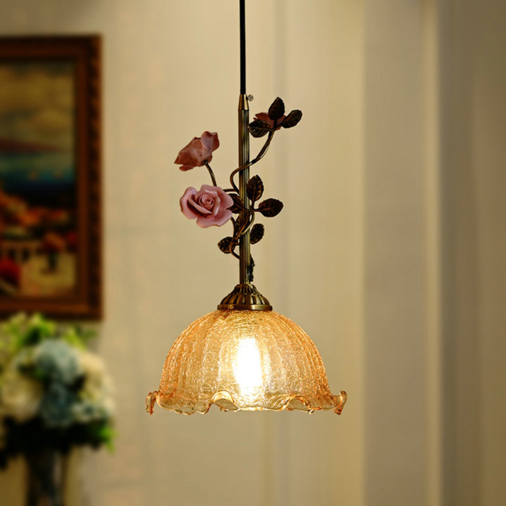 リビングルーム用の伝統的なフランスの陶器のバラの花のフロストガラスシェード1灯ペンダントライト 