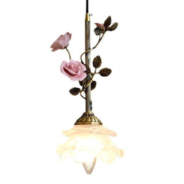 リビングルーム用の伝統的なフランスの陶器のバラの花のフロストガラスシェード1灯ペンダントライト 