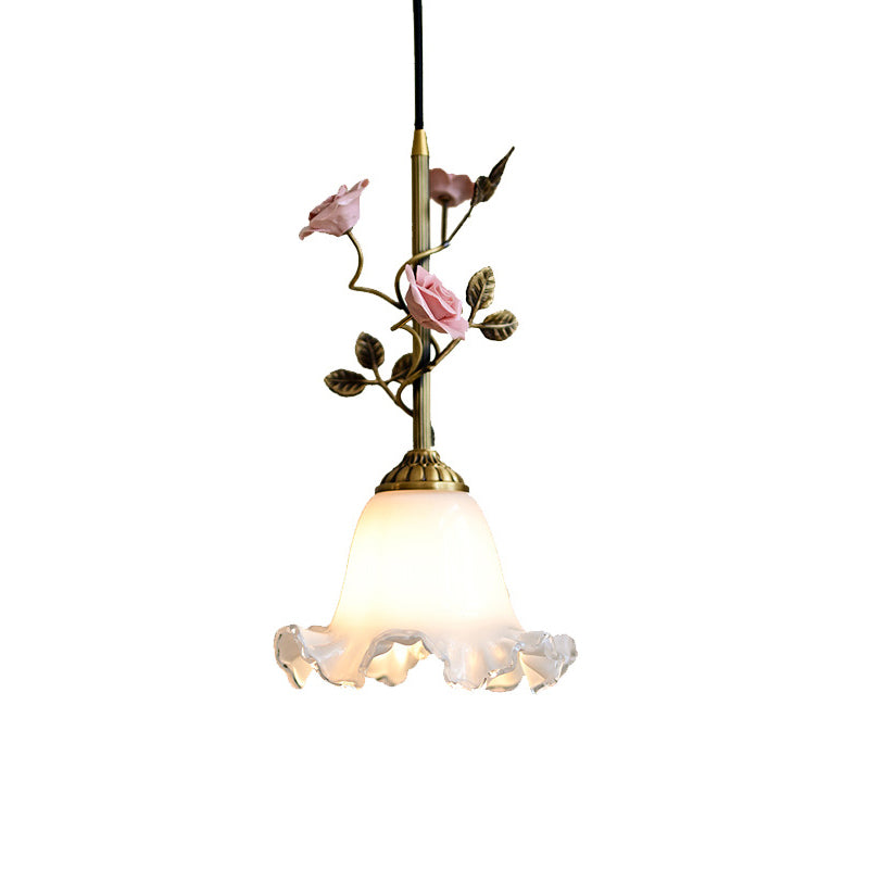 リビングルーム用の伝統的なフランスの陶器のバラの花のフロストガラスシェード1灯ペンダントライト 