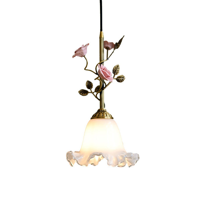 リビングルーム用の伝統的なフランスの陶器のバラの花のフロストガラスシェード1灯ペンダントライト 