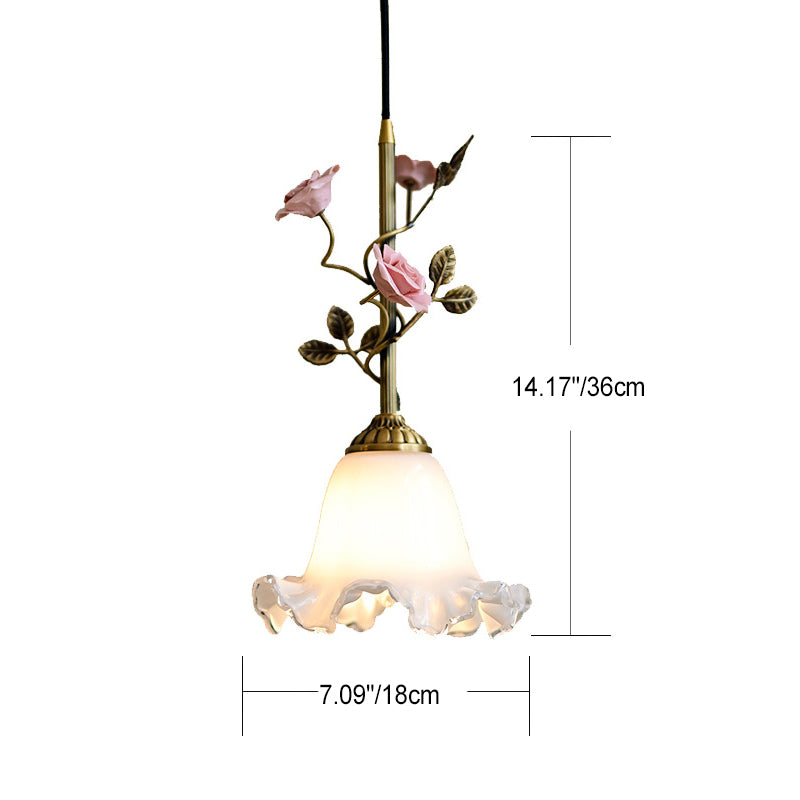 リビングルーム用の伝統的なフランスの陶器のバラの花のフロストガラスシェード1灯ペンダントライト 