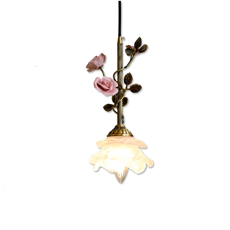 リビングルーム用の伝統的なフランスの陶器のバラの花のフロストガラスシェード1灯ペンダントライト 