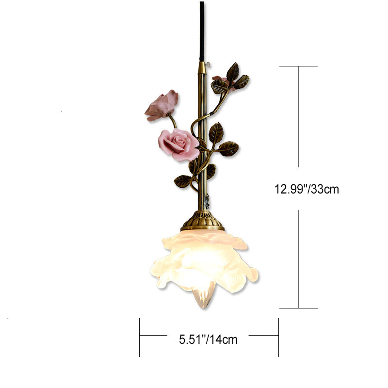 リビングルーム用の伝統的なフランスの陶器のバラの花のフロストガラスシェード1灯ペンダントライト 