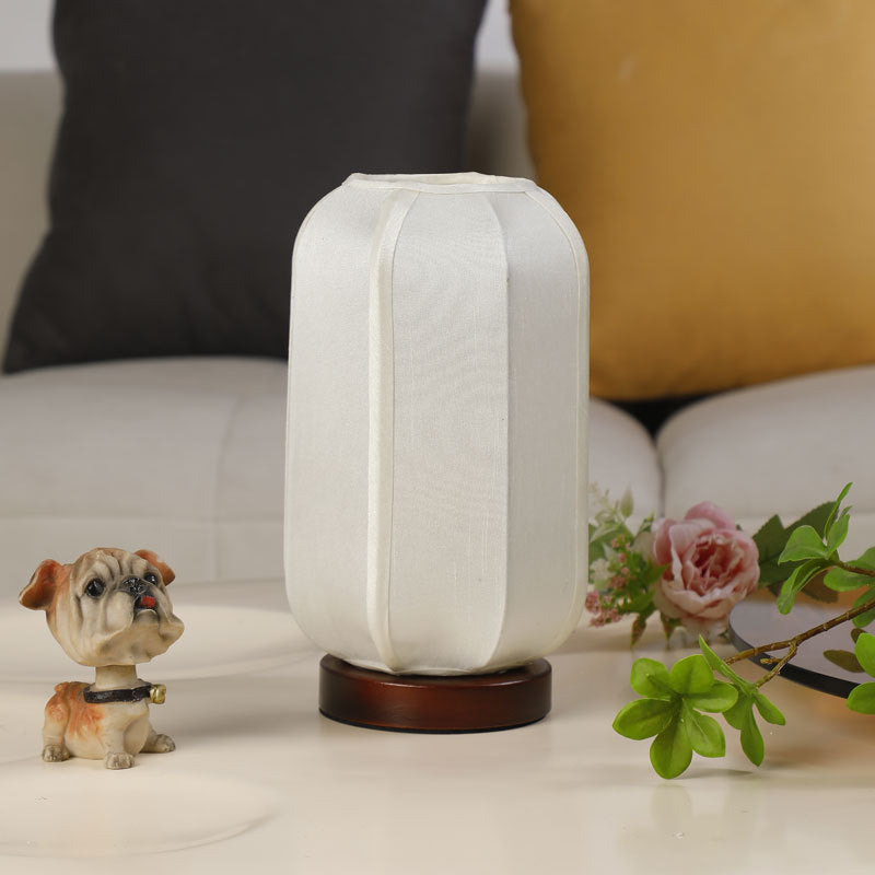 Abat-jour cylindrique en tissu chinois traditionnel avec base en bois, lampe de table à 1 lumière pour chambre 