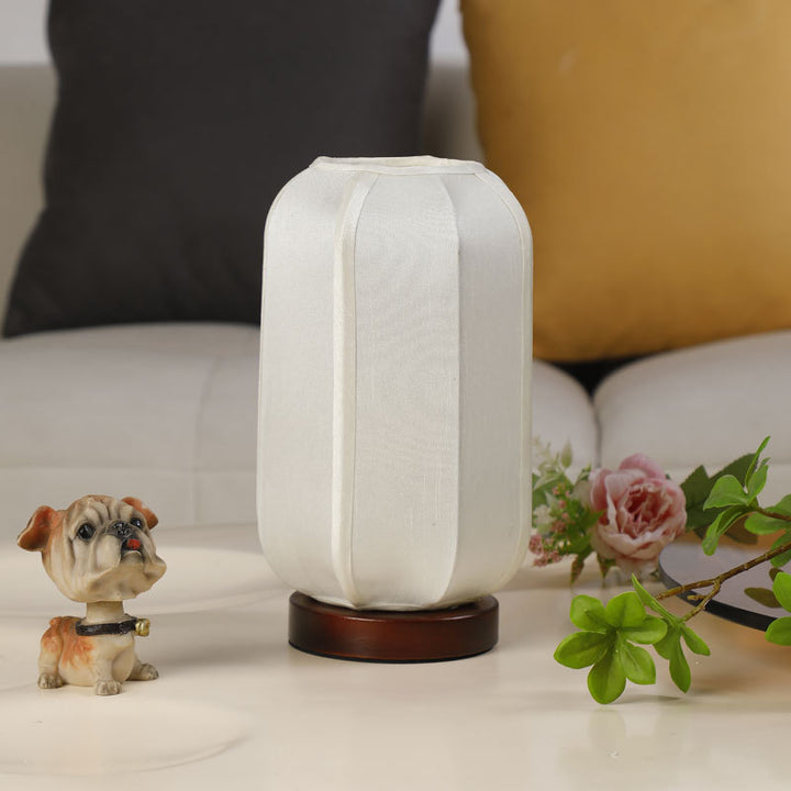 Abat-jour cylindrique en tissu chinois traditionnel avec base en bois, lampe de table à 1 lumière pour chambre 