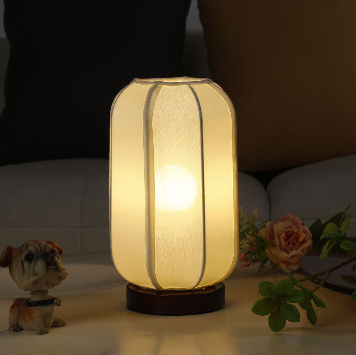 Abat-jour cylindrique en tissu chinois traditionnel avec base en bois, lampe de table à 1 lumière pour chambre 