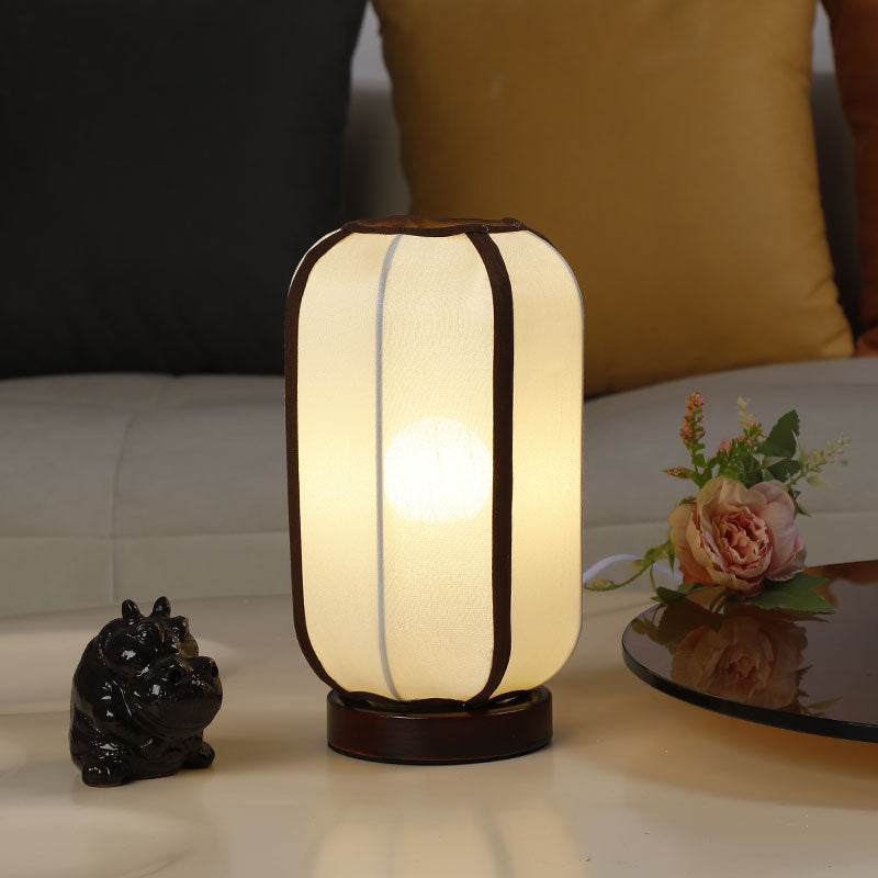 Abat-jour cylindrique en tissu chinois traditionnel avec base en bois, lampe de table à 1 lumière pour chambre 