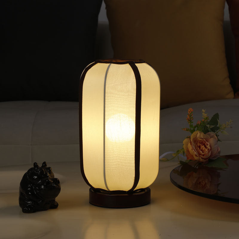 Abat-jour cylindrique en tissu chinois traditionnel avec base en bois, lampe de table à 1 lumière pour chambre 