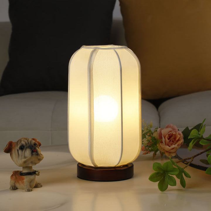 Abat-jour cylindrique en tissu chinois traditionnel avec base en bois, lampe de table à 1 lumière pour chambre 