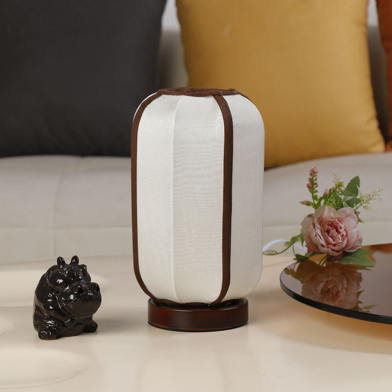 Abat-jour cylindrique en tissu chinois traditionnel avec base en bois, lampe de table à 1 lumière pour chambre 
