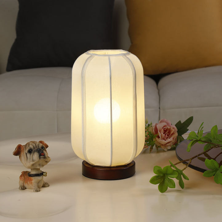 Abat-jour cylindrique en tissu chinois traditionnel avec base en bois, lampe de table à 1 lumière pour chambre 