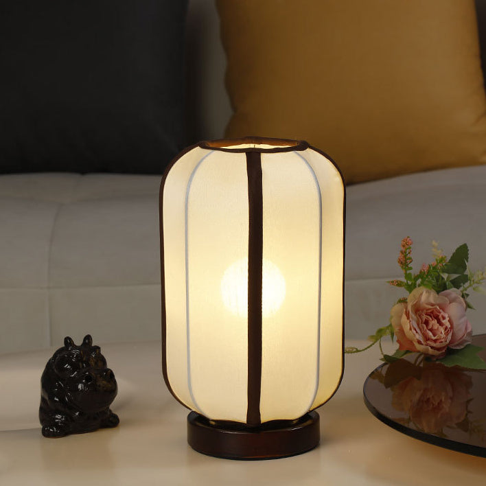 Abat-jour cylindrique en tissu chinois traditionnel avec base en bois, lampe de table à 1 lumière pour chambre 