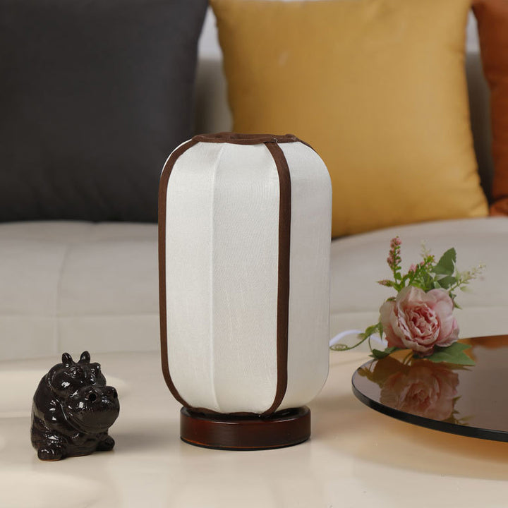 Abat-jour cylindrique en tissu chinois traditionnel avec base en bois, lampe de table à 1 lumière pour chambre 