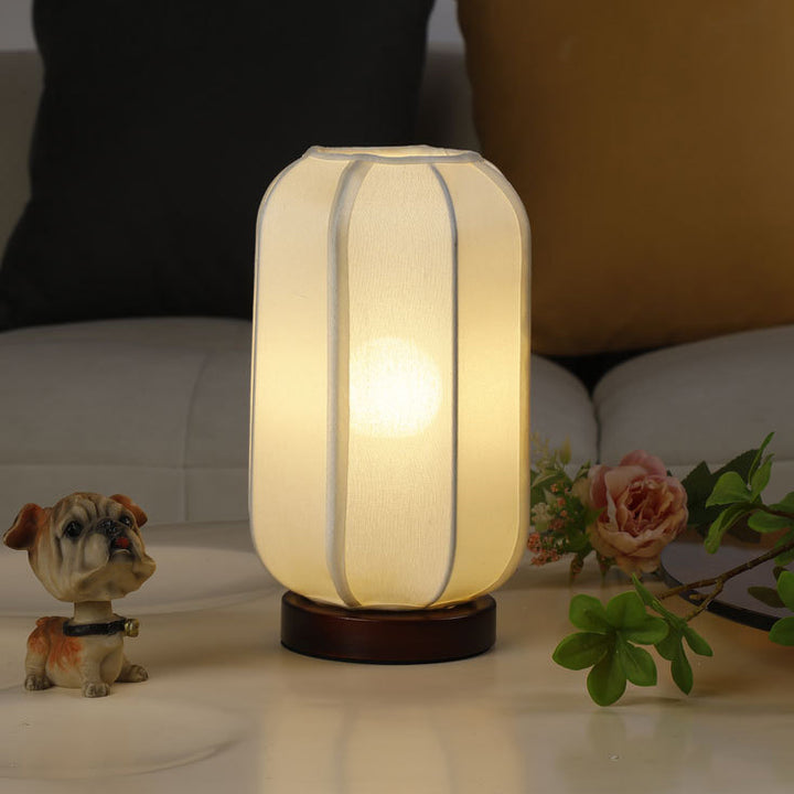 Abat-jour cylindrique en tissu chinois traditionnel avec base en bois, lampe de table à 1 lumière pour chambre 