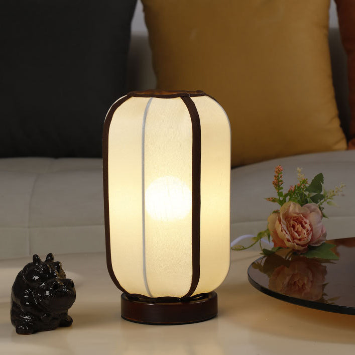 Abat-jour cylindrique en tissu chinois traditionnel avec base en bois, lampe de table à 1 lumière pour chambre 