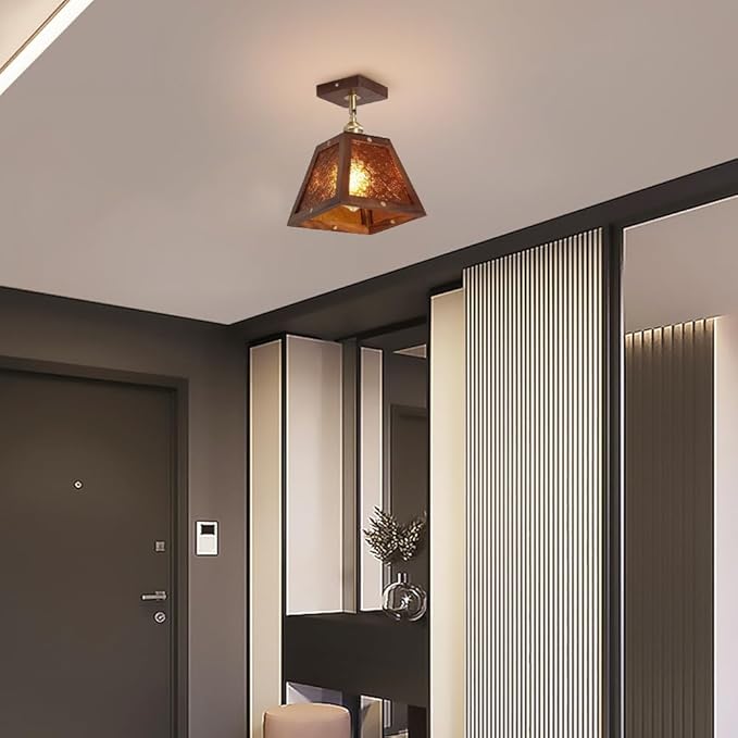 Traditional Vintage Walnut Wood Begonia Trapezoid Glass Shade 1-Light Semi-Flush Mount Ceiling Light For Living Room