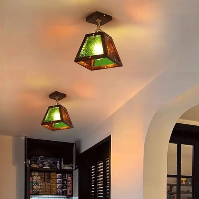 Traditional Vintage Walnut Wood Begonia Trapezoid Glass Shade 1-Light Semi-Flush Mount Ceiling Light For Living Room