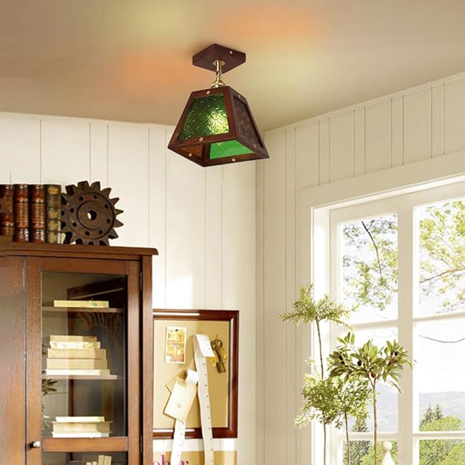 Traditional Vintage Walnut Wood Begonia Trapezoid Glass Shade 1-Light Semi-Flush Mount Ceiling Light For Living Room