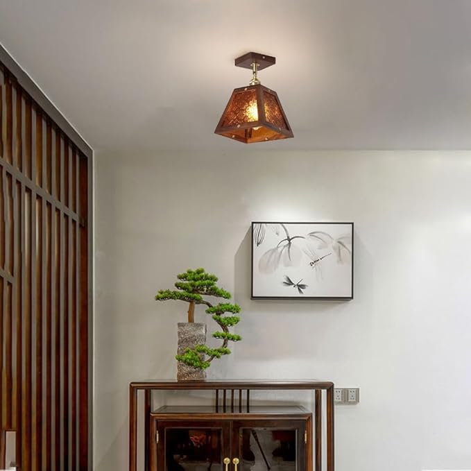 Traditional Vintage Walnut Wood Begonia Trapezoid Glass Shade 1-Light Semi-Flush Mount Ceiling Light For Living Room
