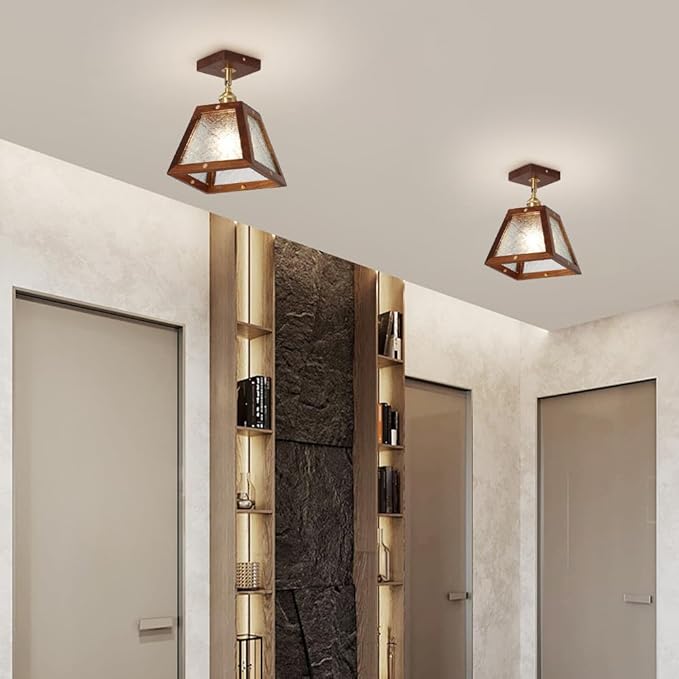 Traditional Vintage Walnut Wood Begonia Trapezoid Glass Shade 1-Light Semi-Flush Mount Ceiling Light For Living Room