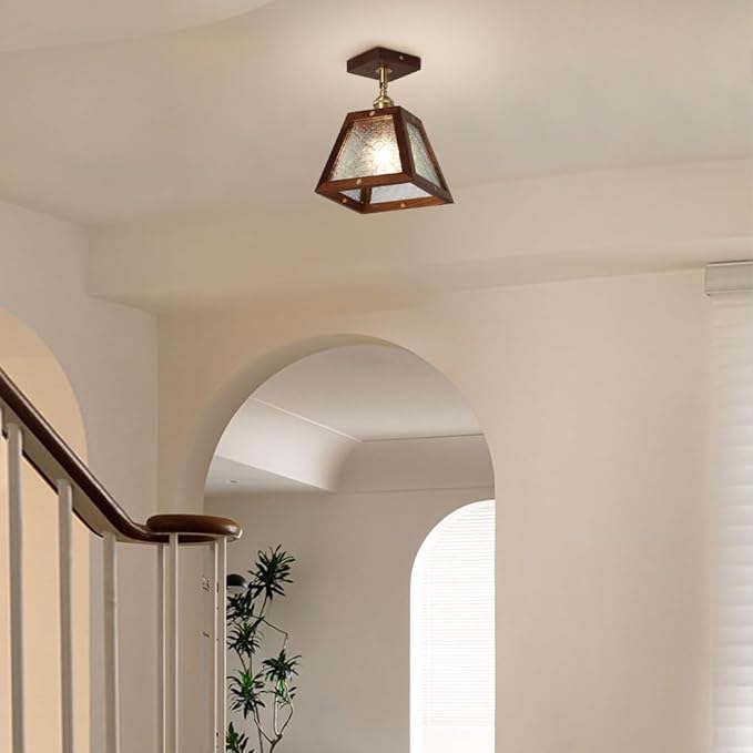 Traditional Vintage Walnut Wood Begonia Trapezoid Glass Shade 1-Light Semi-Flush Mount Ceiling Light For Living Room