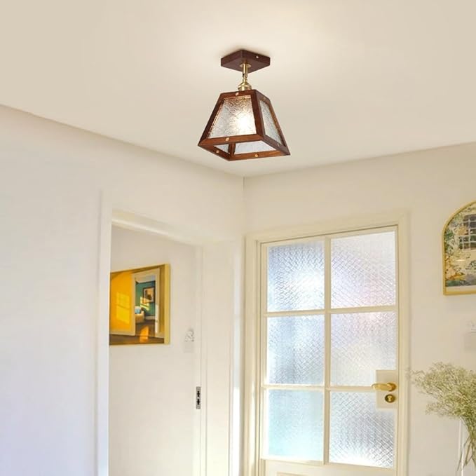 Traditional Vintage Walnut Wood Begonia Trapezoid Glass Shade 1-Light Semi-Flush Mount Ceiling Light For Living Room