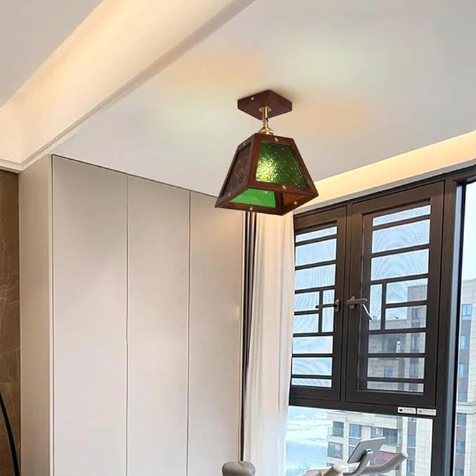 Traditional Vintage Walnut Wood Begonia Trapezoid Glass Shade 1-Light Semi-Flush Mount Ceiling Light For Living Room