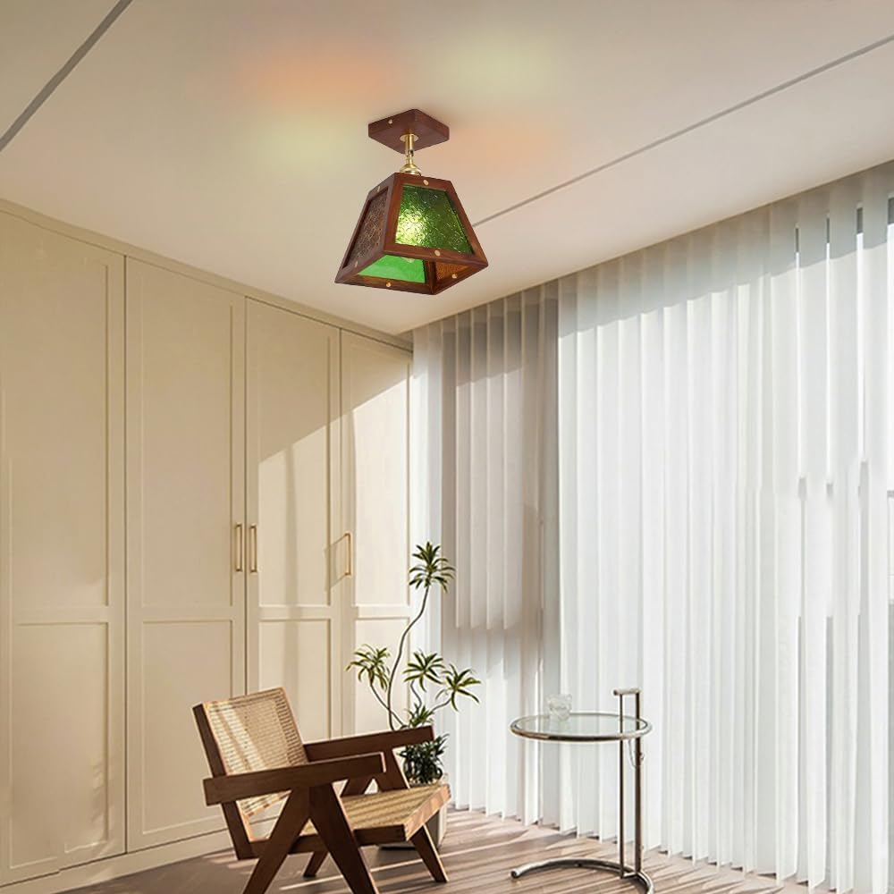 Traditional Vintage Walnut Wood Begonia Trapezoid Glass Shade 1-Light Semi-Flush Mount Ceiling Light For Living Room