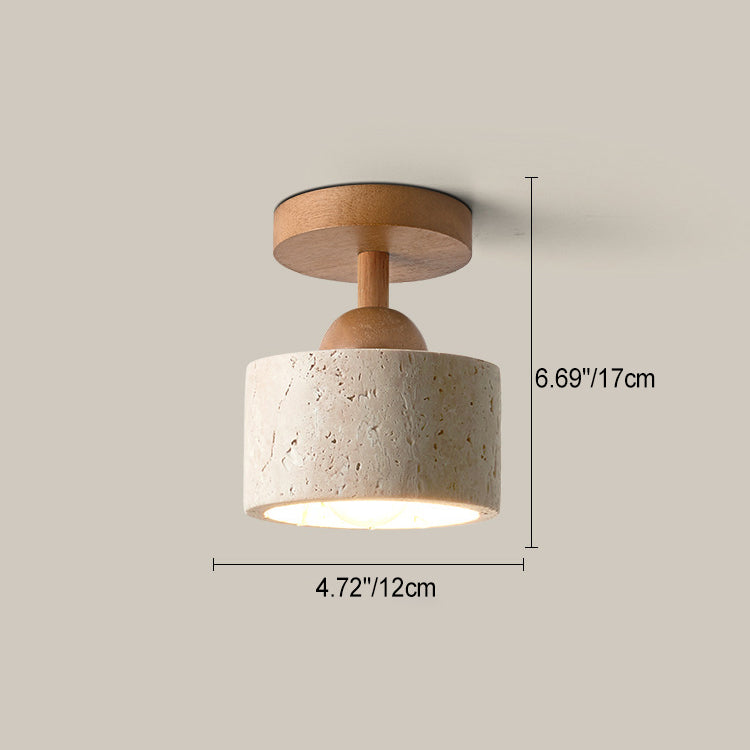 Lámpara de techo semiempotrada de 1 luz de madera maciza con pantalla redonda de travertino beige tradicional japonés para sala de estar 