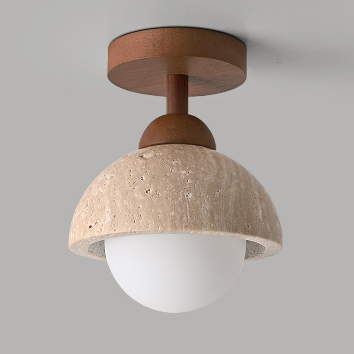 Lámpara de techo semiempotrada de 1 luz de madera maciza con pantalla redonda de travertino beige tradicional japonés para sala de estar 