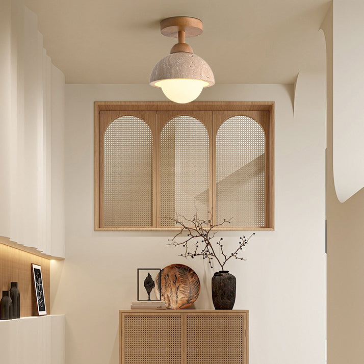 Lámpara de techo semiempotrada de 1 luz de madera maciza con pantalla redonda de travertino beige tradicional japonés para sala de estar 